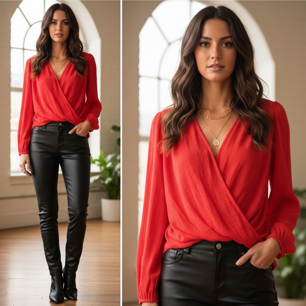 NEW FREE PEOPLE LADY LUCK RED ORANGE DRAPEY WRAP PLUNGE V-NECK BLOUSE SMALL HOT! - Picture 15 of 16